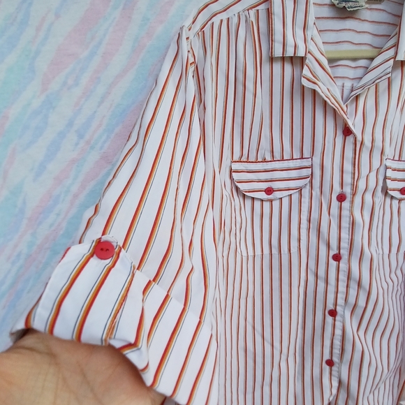 Vintage Separate Issue White Button-down with Orange and Yellow Stripes - Picture 3 of 9